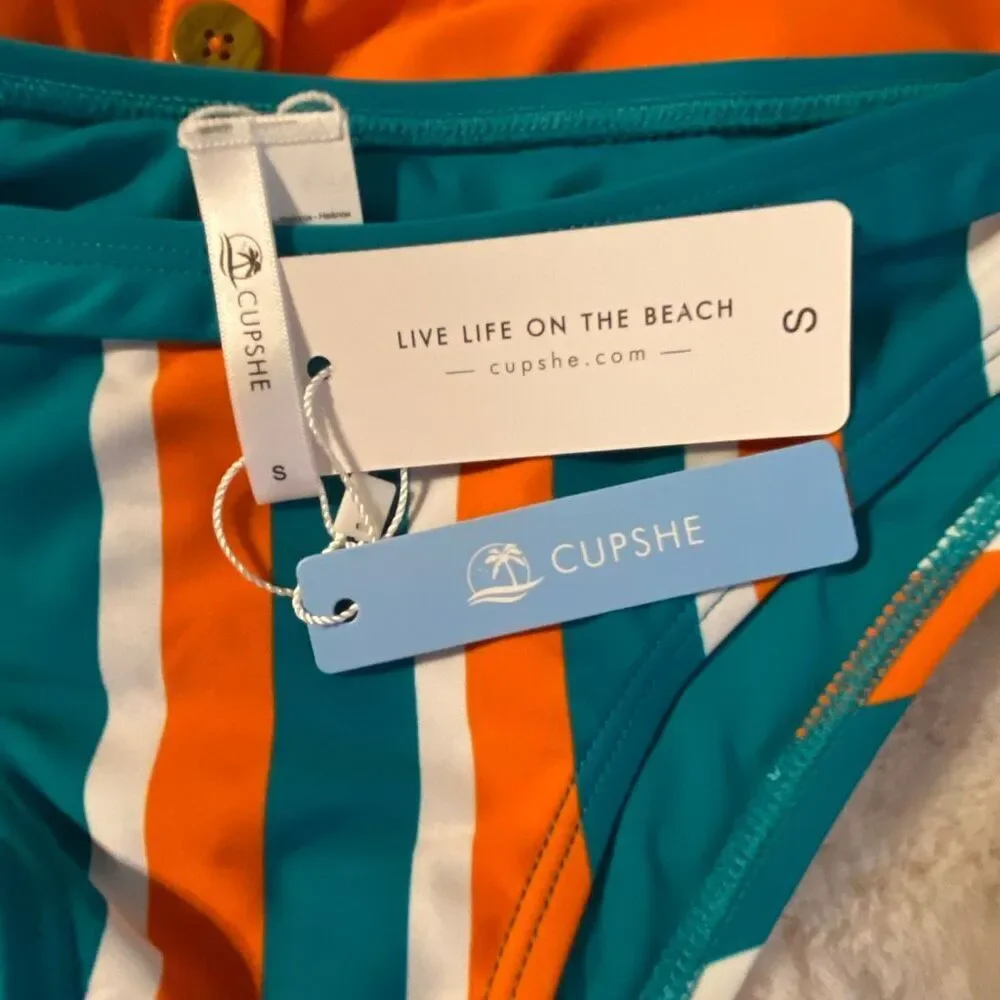 Cupshe Orange and Teal Striped Two-Piece Bikini Sz Small